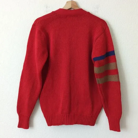 VTG Ralph Lauren Men's Red V-Neck Cardigan Sweater Varsity Stripe Shirt 90s M - Picture 2 of 6